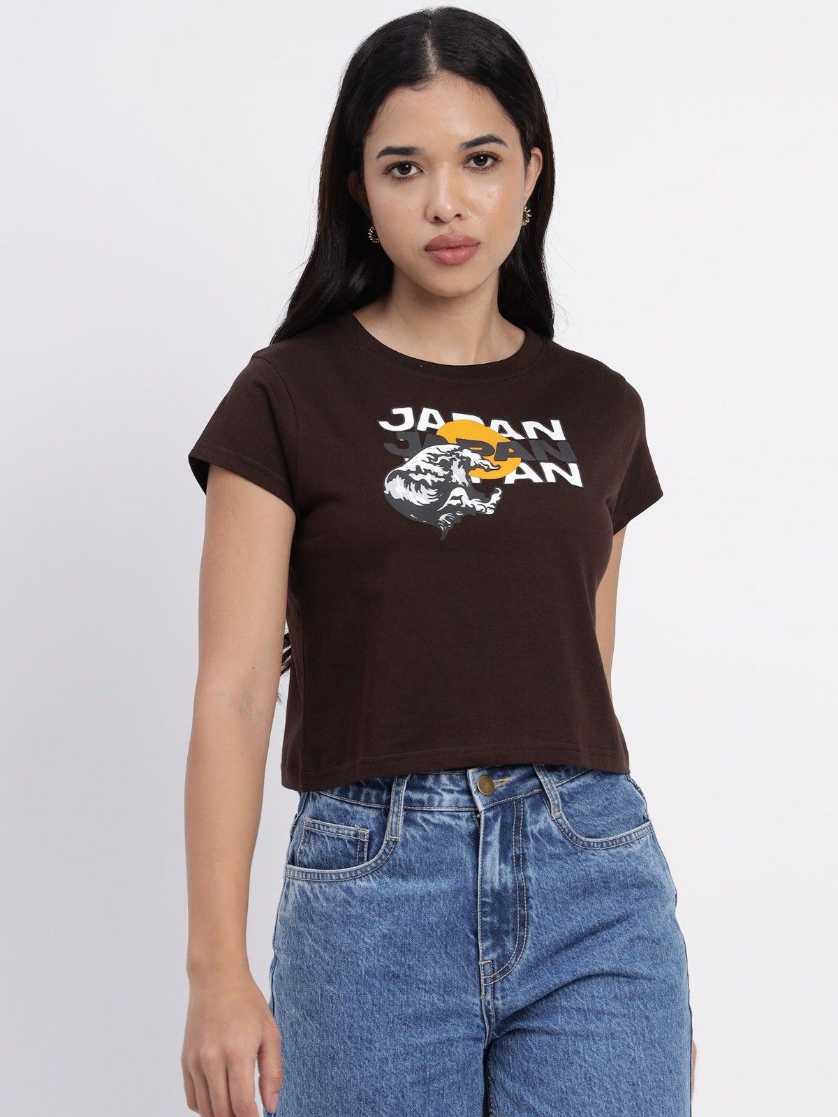 Japan rising sun printed grey crop top coffe color